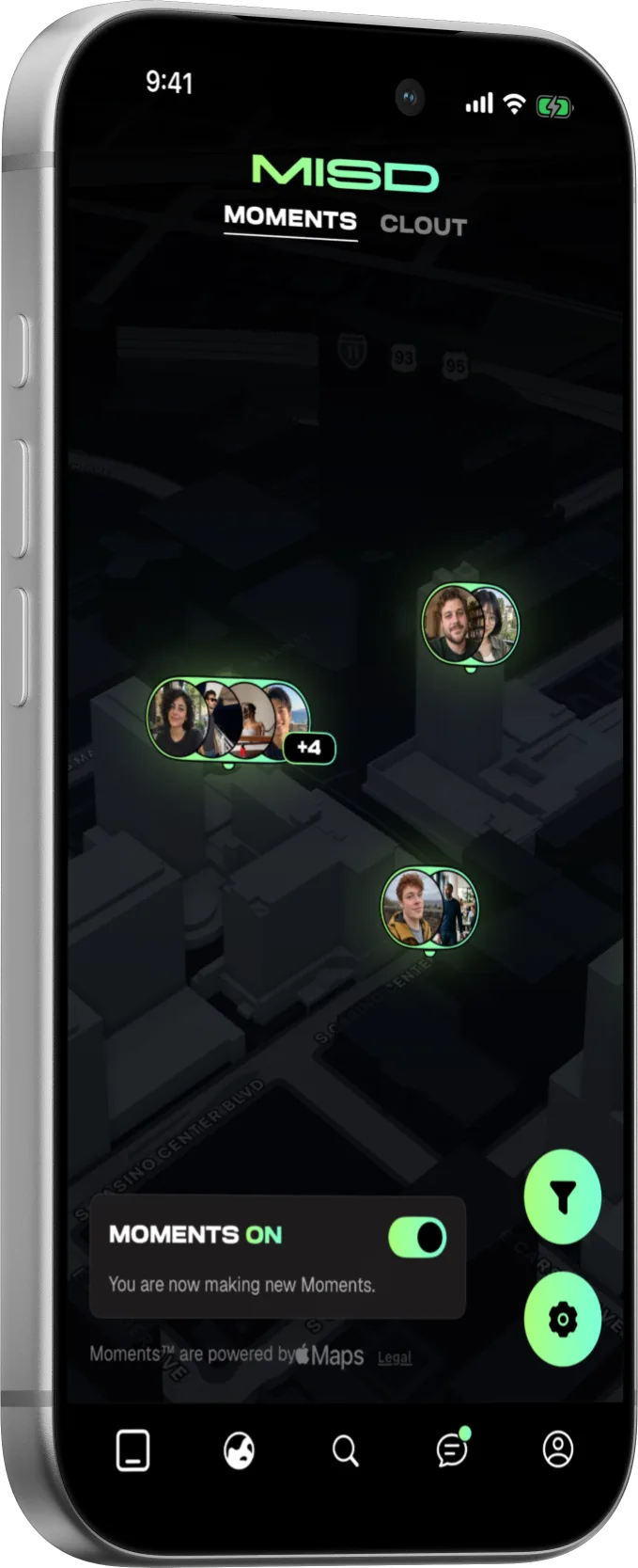 Misd on an iPhone: the Moments map, with three Moments lit up on a city block and Moments switched on.